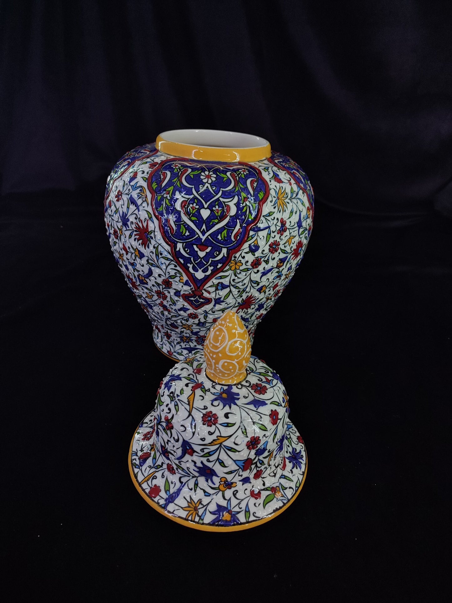 handmade ceramic vase,turkish vase with lid,ottoman ceramic vase,embossed floral vase,home decor vase,gift for her,12 inch vase