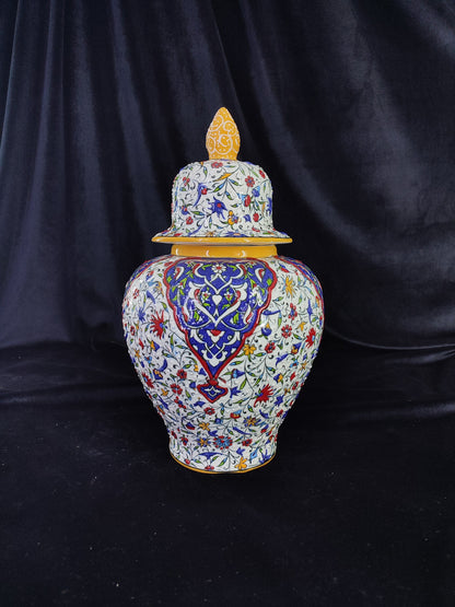 handmade ceramic vase,turkish vase with lid,ottoman ceramic vase,embossed floral vase,home decor vase,gift for her,12 inch vase