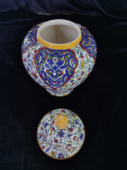 handmade ceramic vase,turkish vase with lid,ottoman ceramic vase,embossed floral vase,home decor vase,gift for her,12 inch vase