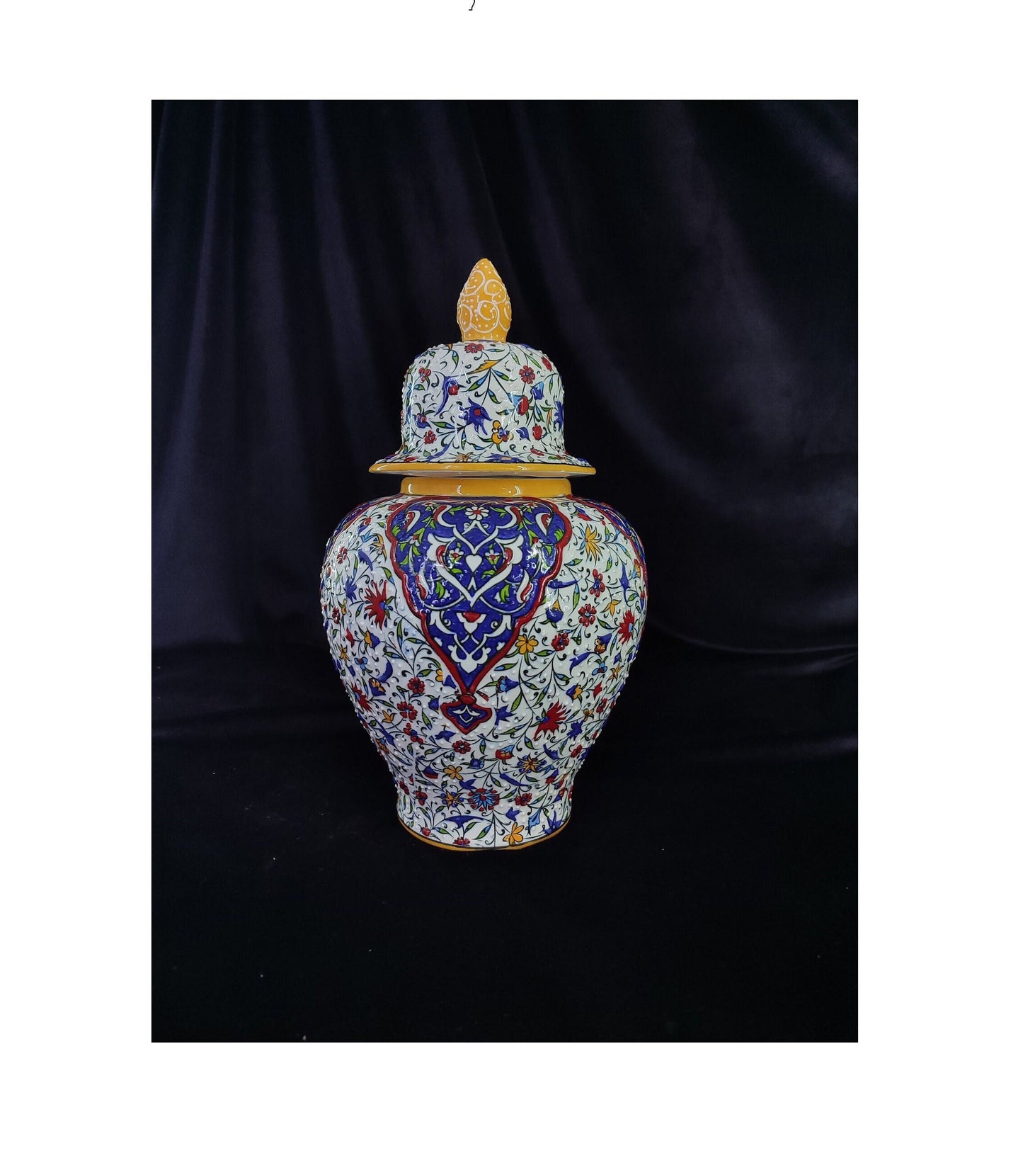 handmade ceramic vase,turkish vase with lid,ottoman ceramic vase,embossed floral vase,home decor vase,gift for her,12 inch vase