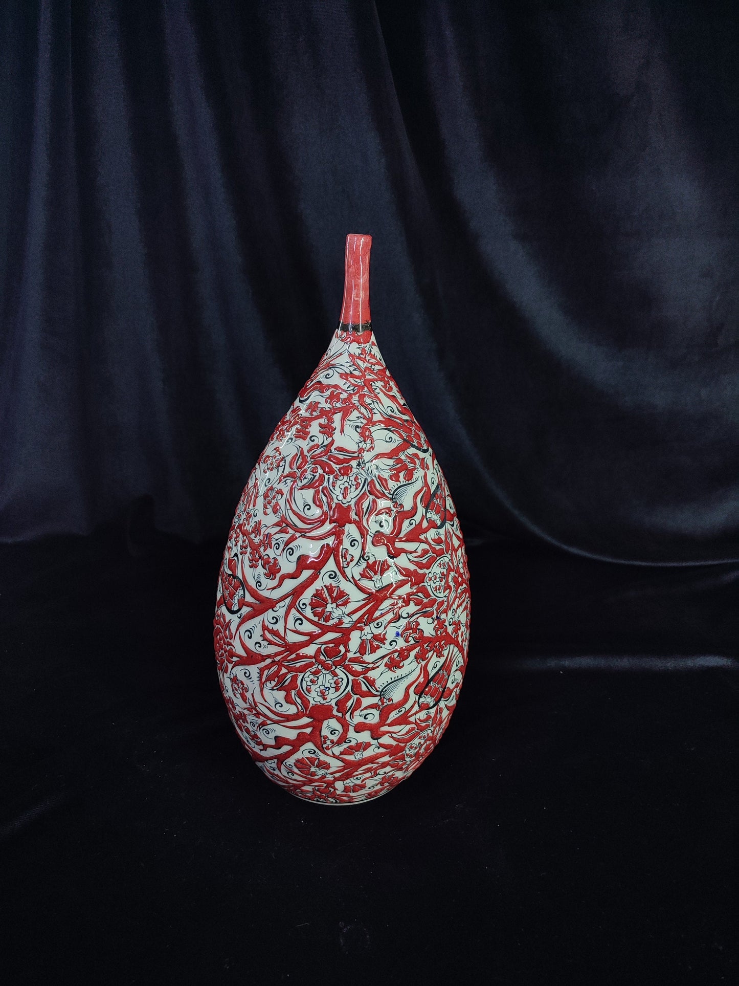Handmade 12" Red Ceramic Vase – Glazed Embossed Floral Design, Traditional Decorative Pottery, Ideal Housewarming Gift