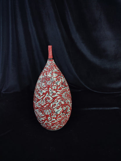 Handmade 12" Red Ceramic Vase – Glazed Embossed Floral Design, Traditional Decorative Pottery, Ideal Housewarming Gift