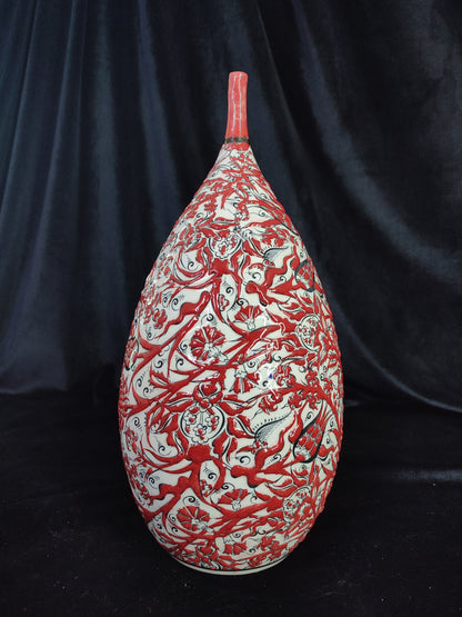 Handmade 12" Red Ceramic Vase – Glazed Embossed Floral Design, Traditional Decorative Pottery, Ideal Housewarming Gift
