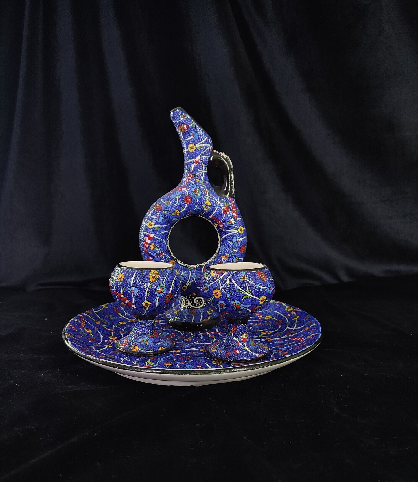 Blue Turkish Ceramic Drinkware Set, Handmade Pitcher & Cups with Tray, Embossed Floral Design, Anatolian Pottery, Decorative Gift Set