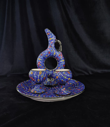 Blue Turkish Ceramic Drinkware Set, Handmade Pitcher & Cups with Tray, Embossed Floral Design, Anatolian Pottery, Decorative Gift Set
