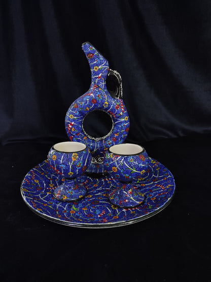 Blue Turkish Ceramic Drinkware Set, Handmade Pitcher & Cups with Tray, Embossed Floral Design, Anatolian Pottery, Decorative Gift Set
