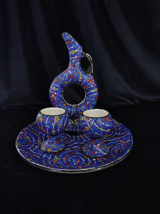 Blue Turkish Ceramic Drinkware Set, Handmade Pitcher & Cups with Tray, Embossed Floral Design, Anatolian Pottery, Decorative Gift Set