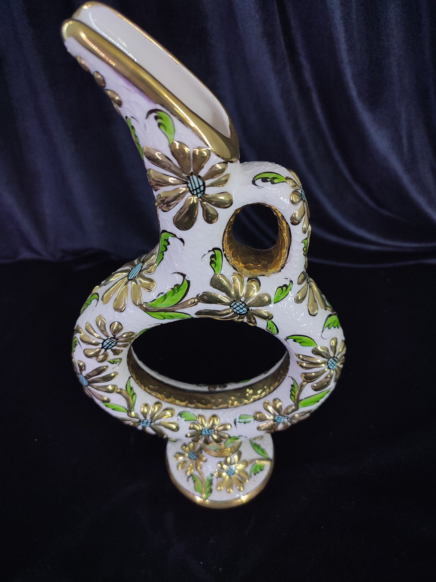 Handmade Turkish Hittite Ceramic Pitcher with Gold Floral Design – Traditional Collectible Pottery Vase