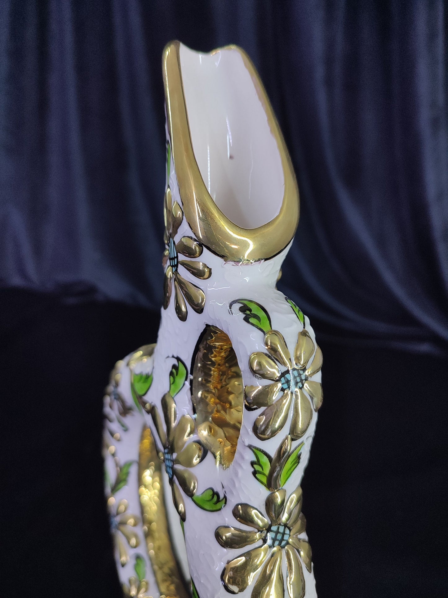 Handmade Turkish Hittite Ceramic Pitcher with Gold Floral Design – Traditional Collectible Pottery Vase