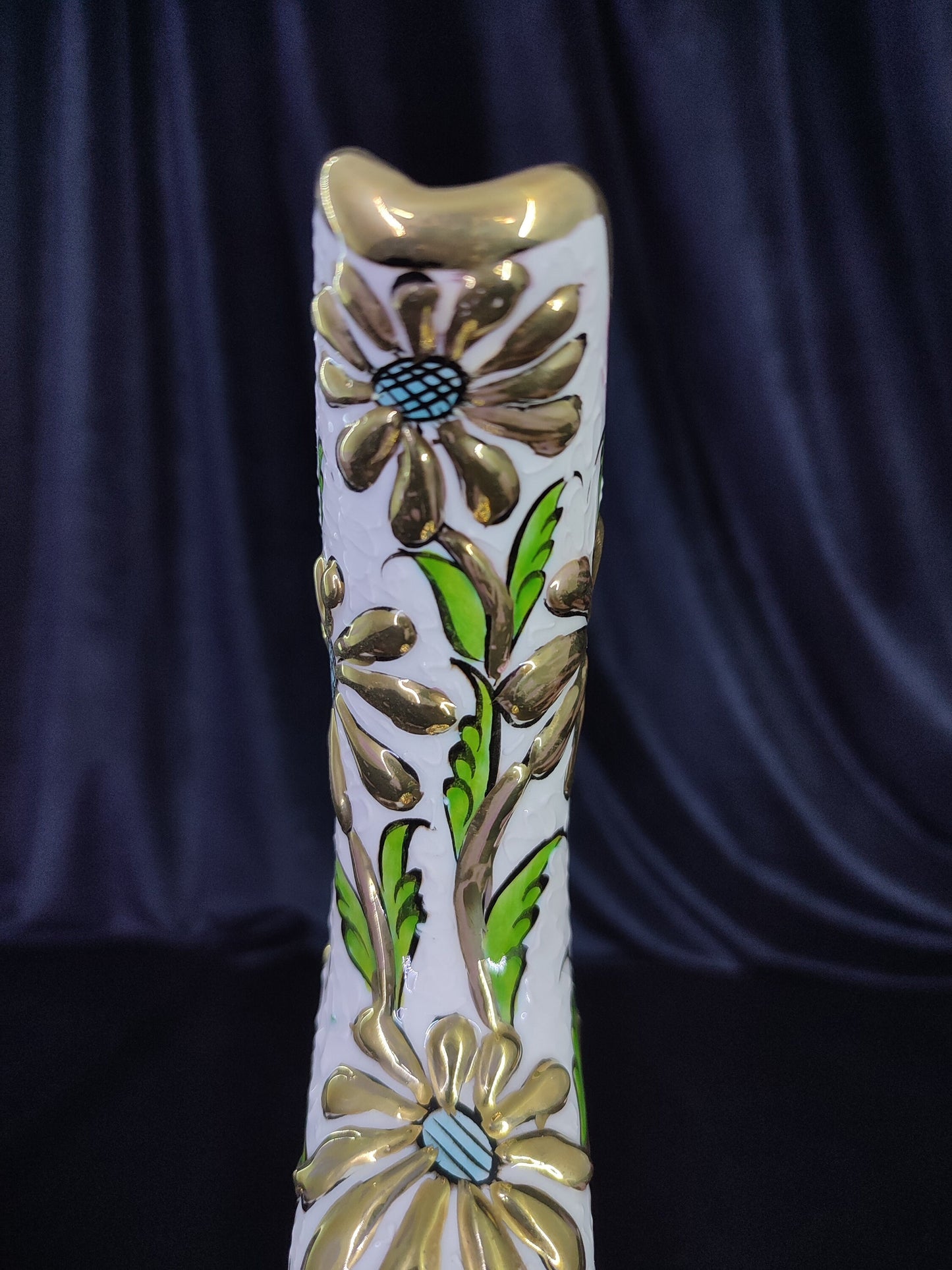 Handmade Turkish Hittite Ceramic Pitcher with Gold Floral Design – Traditional Collectible Pottery Vase