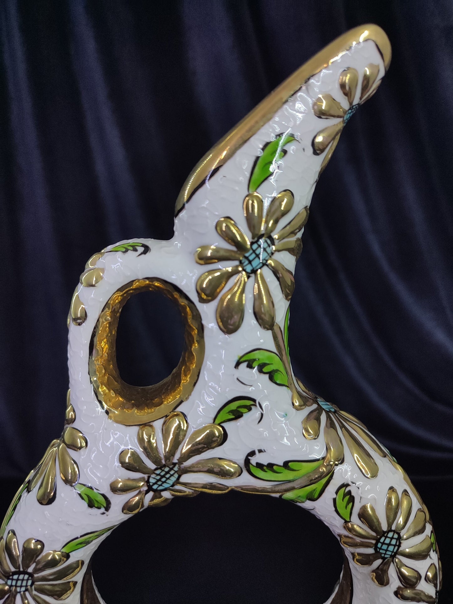 Handmade Turkish Hittite Ceramic Pitcher with Gold Floral Design – Traditional Collectible Pottery Vase