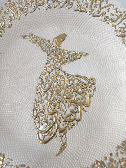 Handmade Turkish Decorative Plate with Gold Inlay – 25 cm Sufi Darvish Design, Traditional Ceramic Wall Art, Unique Collectible Plate