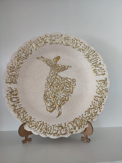 Handmade Turkish Decorative Plate with Gold Inlay – 25 cm Sufi Darvish Design, Traditional Ceramic Wall Art, Unique Collectible Plate