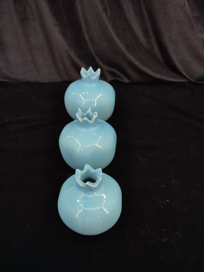Handmade Blue Ceramic Pomegranate Set – Set of 3 Decorative Turkish Pottery Vases, Unique Table Centerpiece