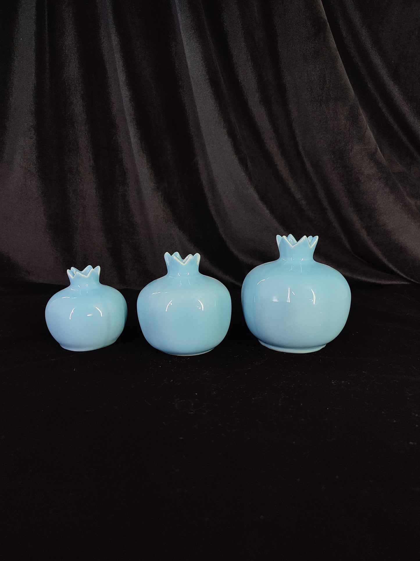 Handmade Blue Ceramic Pomegranate Set – Set of 3 Decorative Turkish Pottery Vases, Unique Table Centerpiece