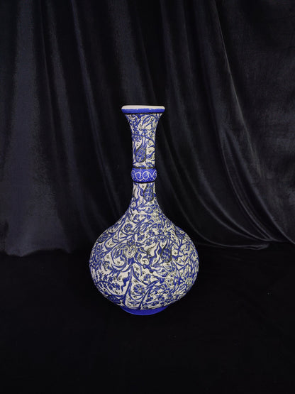 Handmade Turkish Ceramic Vase – 12" Blue Floral Pottery Vase, Decorative Anatolian Vase, Collectible Hand-Painted Vase