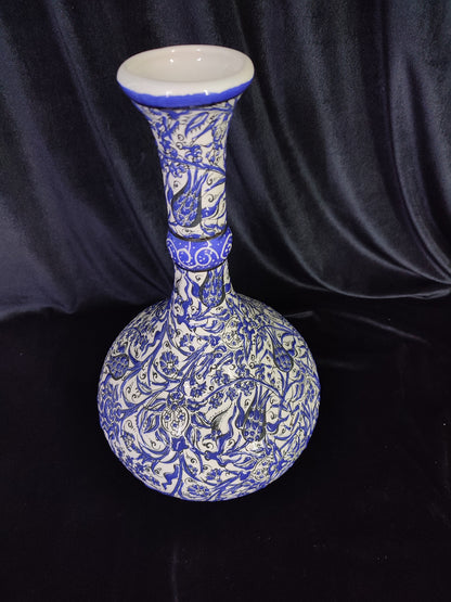 Handmade Turkish Ceramic Vase – 12" Blue Floral Pottery Vase, Decorative Anatolian Vase, Collectible Hand-Painted Vase