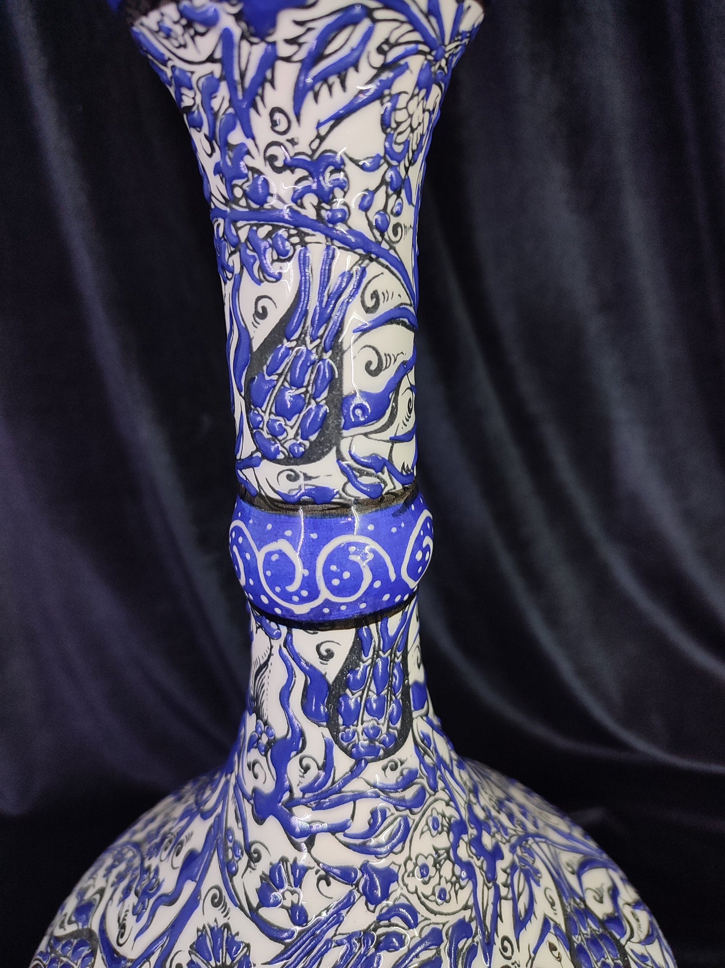 Handmade Turkish Ceramic Vase – 12" Blue Floral Pottery Vase, Decorative Anatolian Vase, Collectible Hand-Painted Vase
