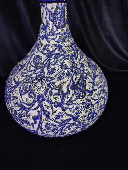 Handmade Turkish Ceramic Vase – 12" Blue Floral Pottery Vase, Decorative Anatolian Vase, Collectible Hand-Painted Vase