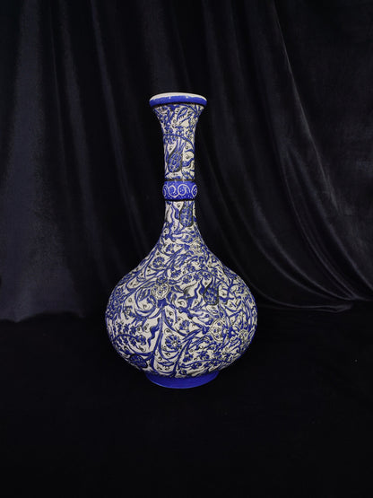 Handmade Turkish Ceramic Vase – 12" Blue Floral Pottery Vase, Decorative Anatolian Vase, Collectible Hand-Painted Vase