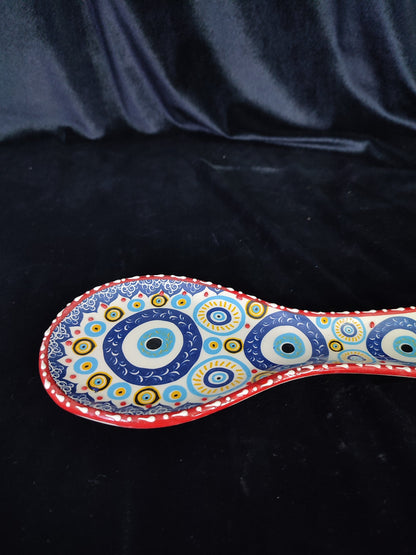 Handmade Evil Eye Ceramic Spoon Rest | Turkish Blue Nazar Spoon Holder | Kitchen Gift | Mediterranean Counter Decor