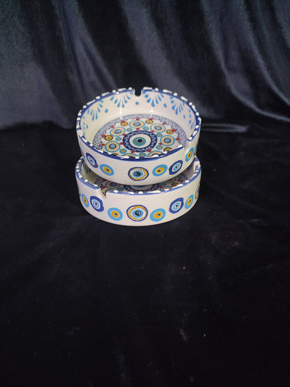 Handmade Evil Eye Ceramic Ashtray Set with Lids | Turkish Floral Ashtray Decor | Nazar Protection Gift | Set of 2