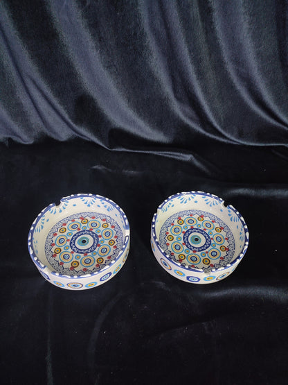 Handmade Evil Eye Ceramic Ashtray Set with Lids | Turkish Floral Ashtray Decor | Nazar Protection Gift | Set of 2