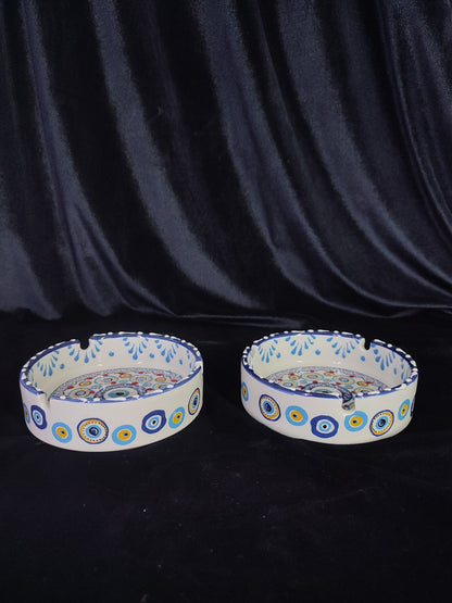 Handmade Evil Eye Ceramic Ashtray Set with Lids | Turkish Floral Ashtray Decor | Nazar Protection Gift | Set of 2