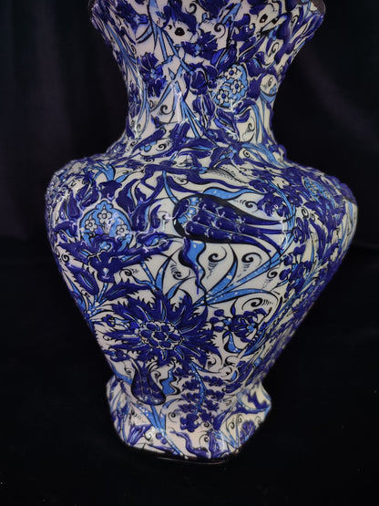Hand-Painted Blue Floral Ceramic Vase with Lid – 12" Geometric Design, Unique Handmade Pottery, Modern Decorative Accent