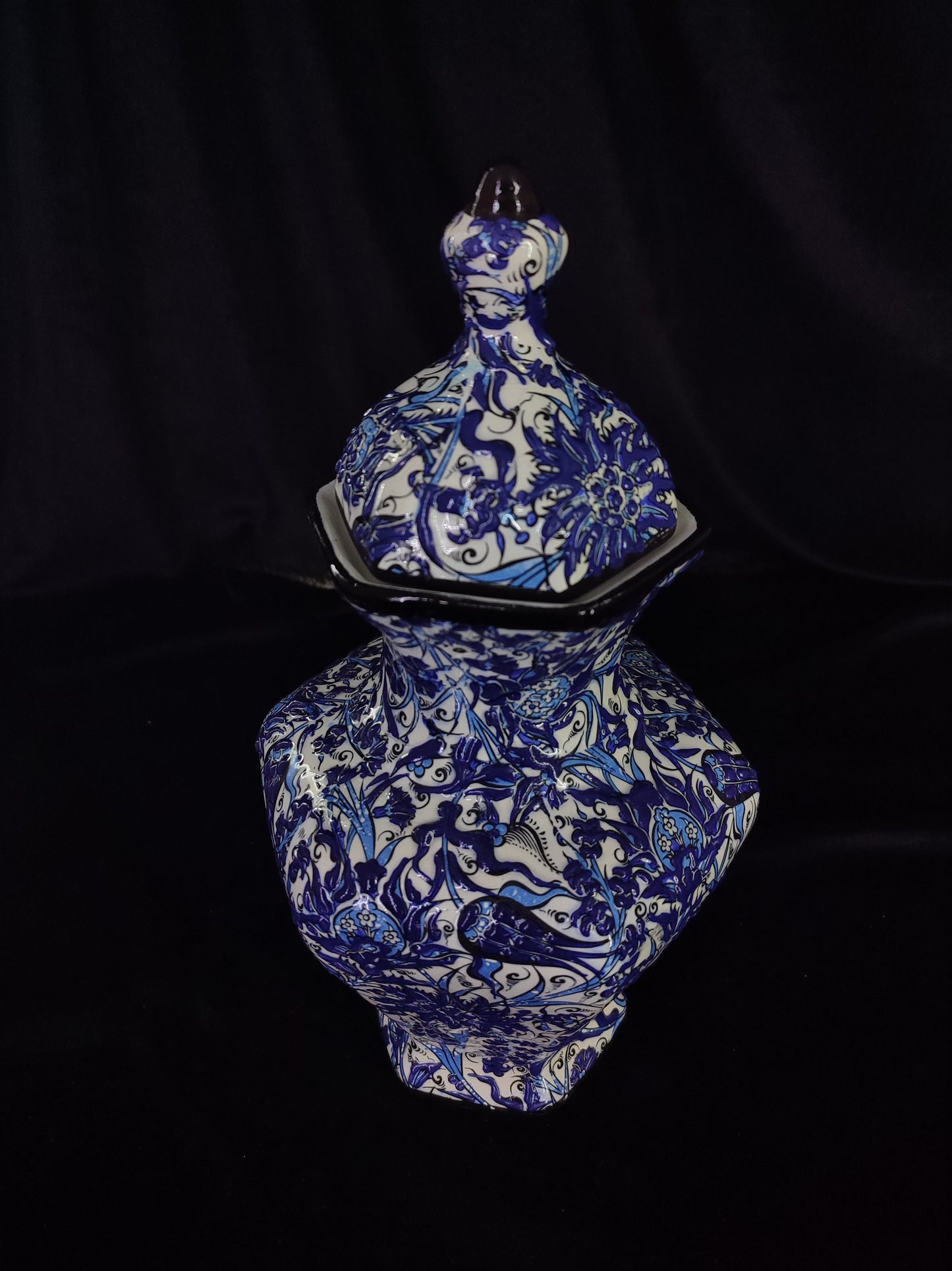 Hand-Painted Blue Floral Ceramic Vase with Lid – 12" Geometric Design, Unique Handmade Pottery, Modern Decorative Accent