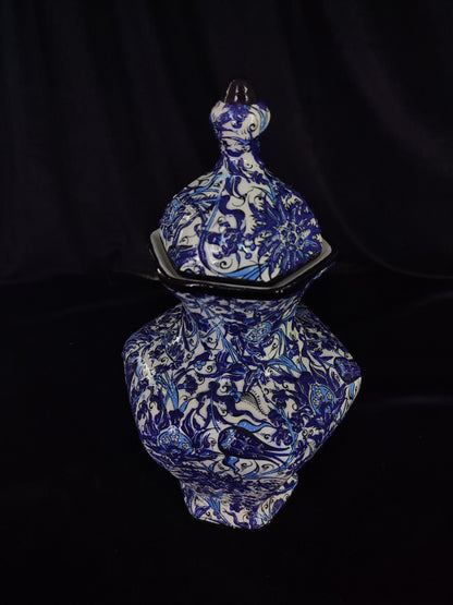 Hand-Painted Blue Floral Ceramic Vase with Lid – 12" Geometric Design, Unique Handmade Pottery, Modern Decorative Accent
