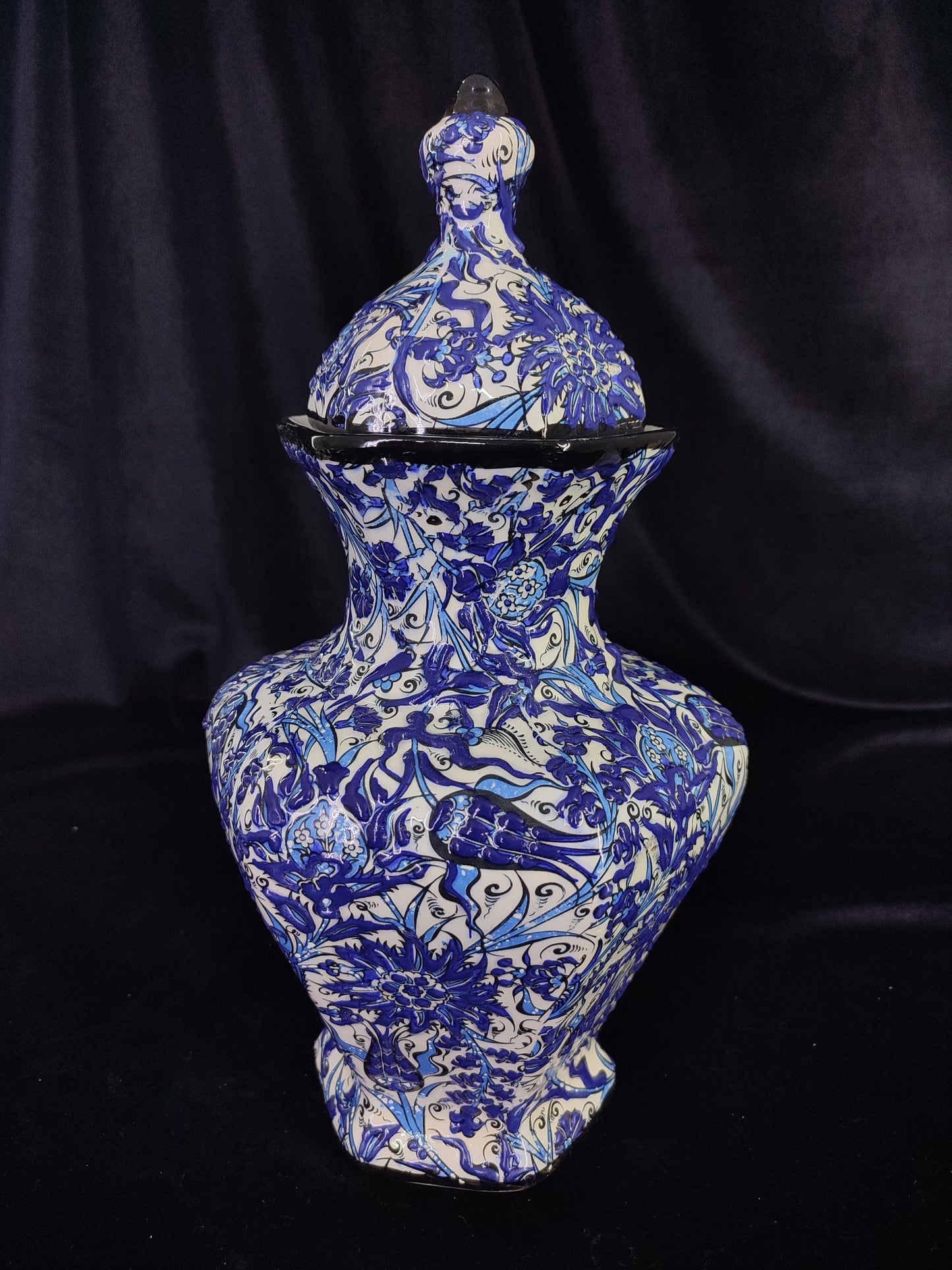 Hand-Painted Blue Floral Ceramic Vase with Lid – 12" Geometric Design, Unique Handmade Pottery, Modern Decorative Accent