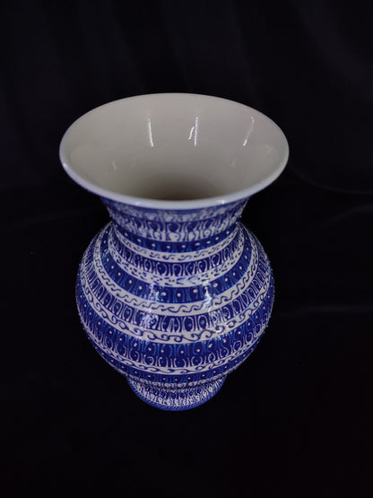 Handmade Blue Mandala Striped Ceramic Vase – 12" Modern Turkish Pottery, Decorative Anatolian Design, Ideal Housewarming Gift