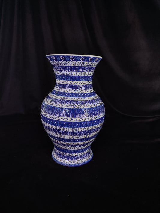 Handmade Blue Mandala Striped Ceramic Vase – 12" Modern Turkish Pottery, Decorative Anatolian Design, Ideal Housewarming Gift