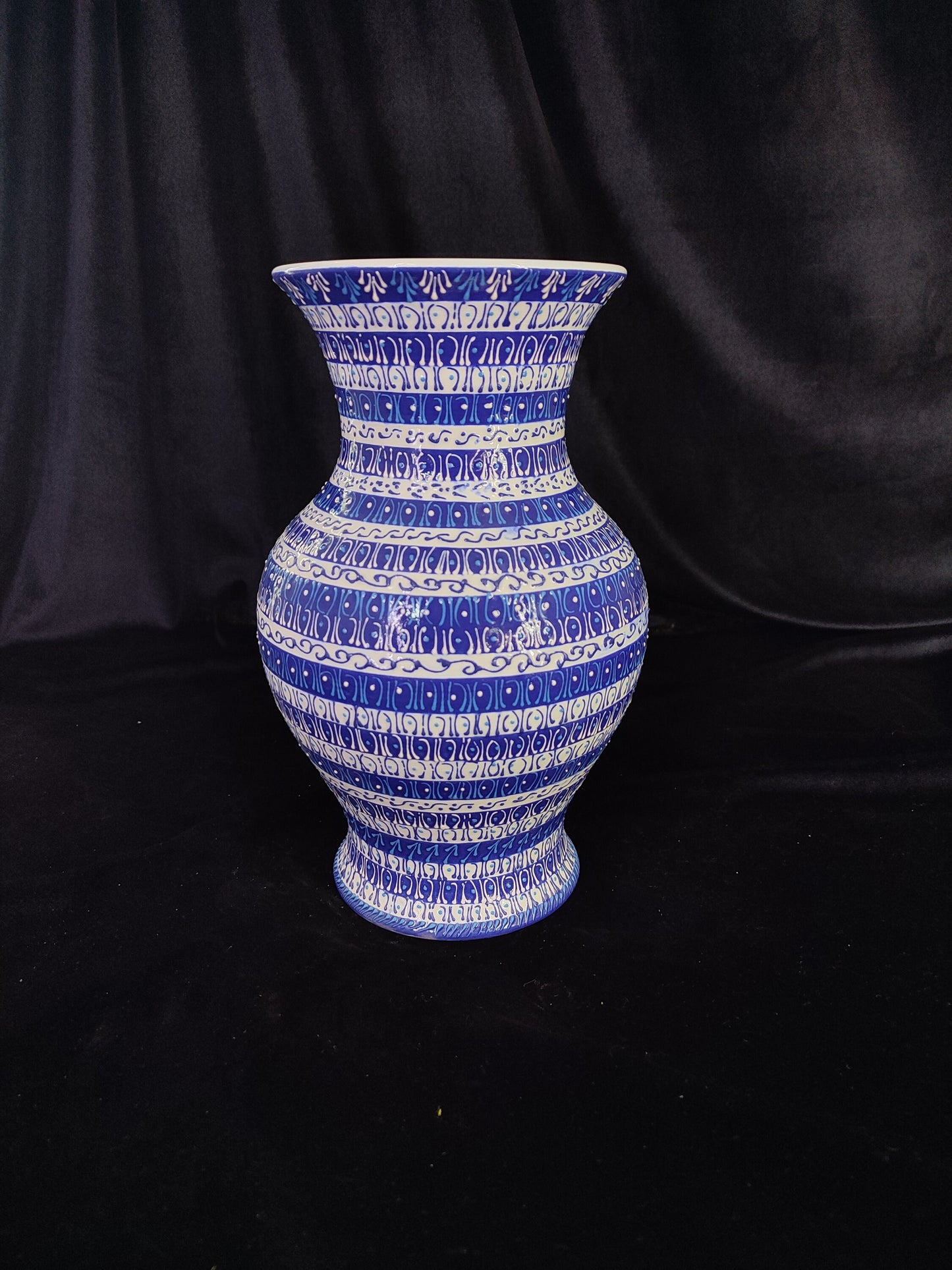 Handmade Blue Mandala Striped Ceramic Vase – 12" Modern Turkish Pottery, Decorative Anatolian Design, Ideal Housewarming Gift