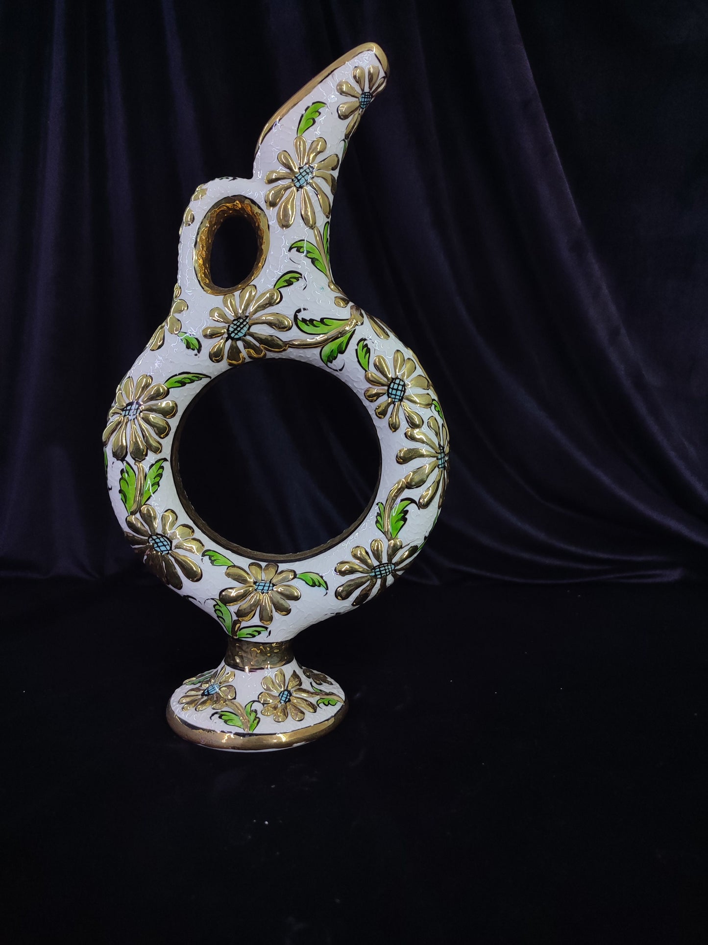 Handmade Turkish Hittite Ceramic Pitcher with Gold Floral Design – Traditional Collectible Pottery Vase