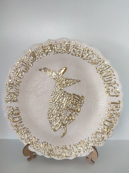 Handmade Turkish Decorative Plate with Gold Inlay – 25 cm Sufi Darvish Design, Traditional Ceramic Wall Art, Unique Collectible Plate