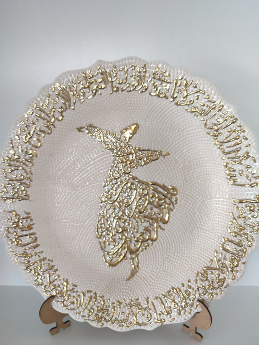 Handmade Turkish Decorative Plate with Gold Inlay – 25 cm Sufi Darvish Design, Traditional Ceramic Wall Art, Unique Collectible Plate