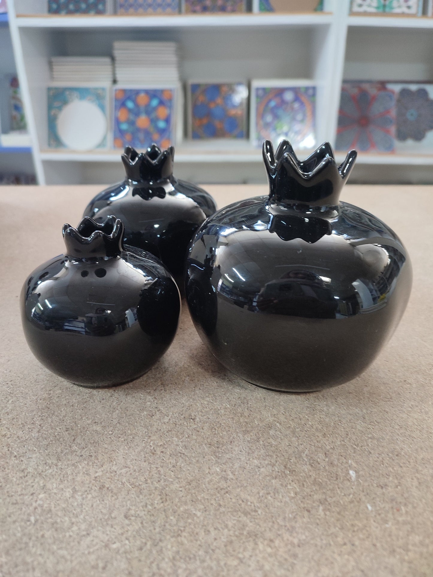 Handmade Black Ceramic Pomegranate Set – Set of 3 Decorative Turkish Pottery Vases, Unique Table Centerpiece
