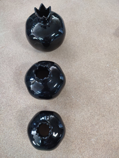 Handmade Black Ceramic Pomegranate Set – Set of 3 Decorative Turkish Pottery Vases, Unique Table Centerpiece