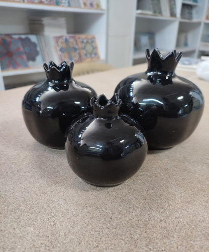 Handmade Black Ceramic Pomegranate Set – Set of 3 Decorative Turkish Pottery Vases, Unique Table Centerpiece