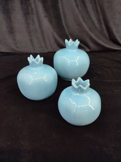 Handmade Blue Ceramic Pomegranate Set – Set of 3 Decorative Turkish Pottery Vases, Unique Table Centerpiece