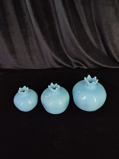 Handmade Blue Ceramic Pomegranate Set – Set of 3 Decorative Turkish Pottery Vases, Unique Table Centerpiece