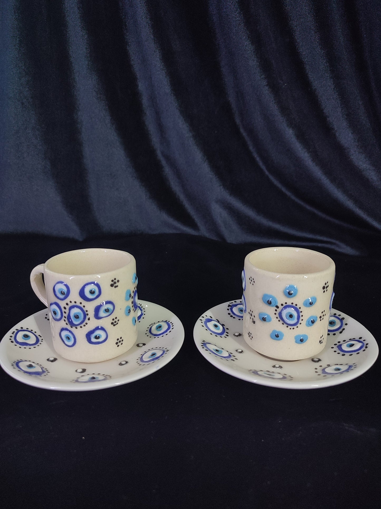 Handmade Turkish Coffee Set for 6 – Evil Eye Ceramic Mugs with Saucers, Traditional Coffee Set, Unique Gift Idea, Pottery Coffee Set