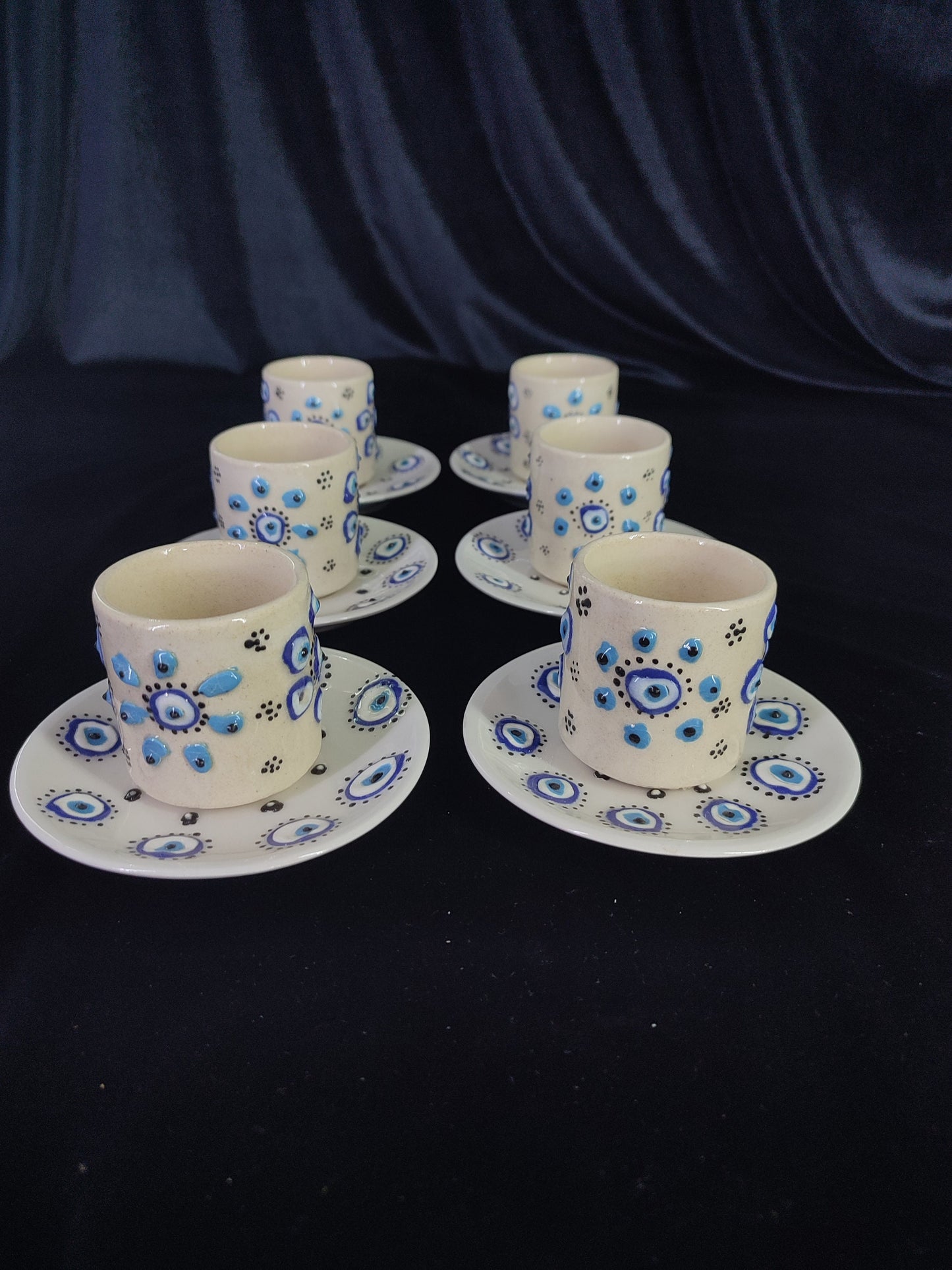 Handmade Turkish Coffee Set for 6 – Evil Eye Ceramic Mugs with Saucers, Traditional Coffee Set, Unique Gift Idea, Pottery Coffee Set