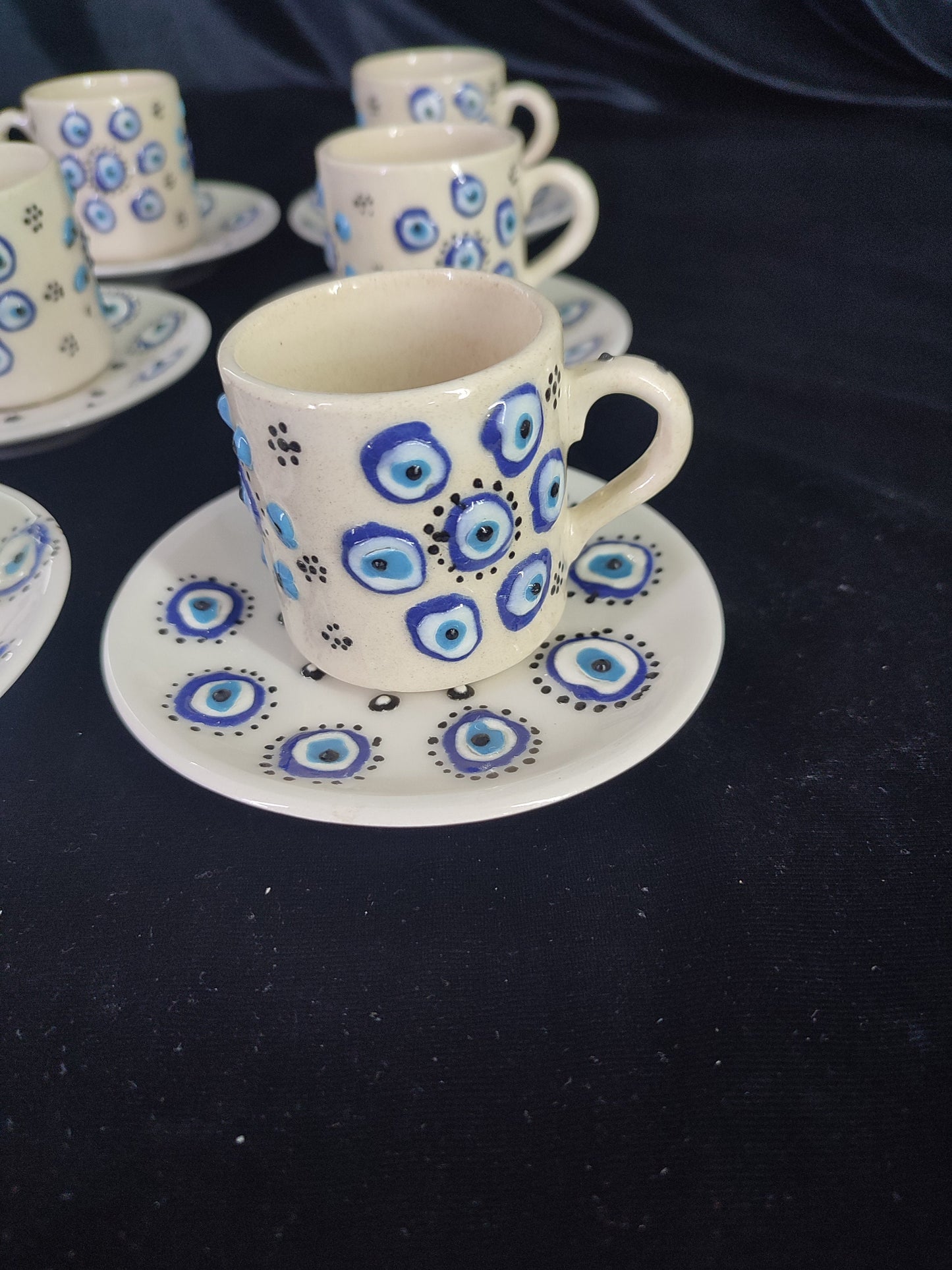 Handmade Turkish Coffee Set for 6 – Evil Eye Ceramic Mugs with Saucers, Traditional Coffee Set, Unique Gift Idea, Pottery Coffee Set