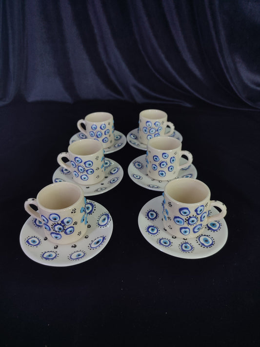Handmade Turkish Coffee Set for 6 – Evil Eye Ceramic Mugs with Saucers, Traditional Coffee Set, Unique Gift Idea, Pottery Coffee Set