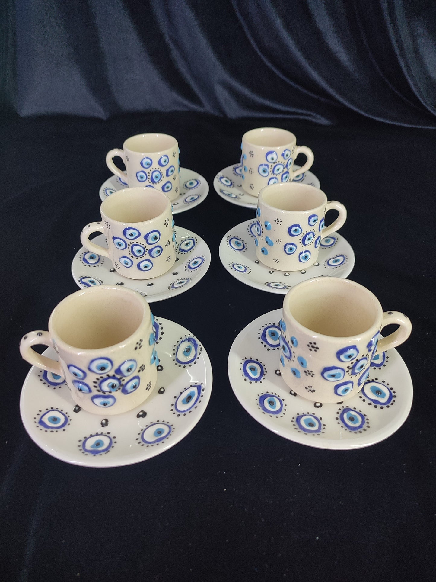 Handmade Turkish Coffee Set for 6 – Evil Eye Ceramic Mugs with Saucers, Traditional Coffee Set, Unique Gift Idea, Pottery Coffee Set