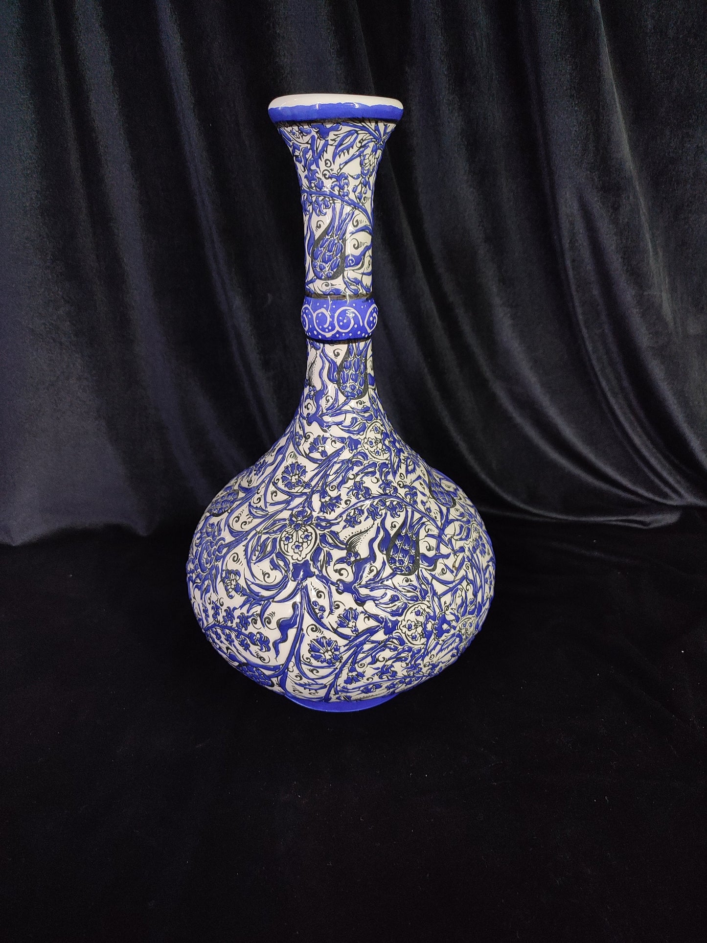 Handmade Turkish Ceramic Vase – 12" Blue Floral Pottery Vase, Decorative Anatolian Vase, Collectible Hand-Painted Vase