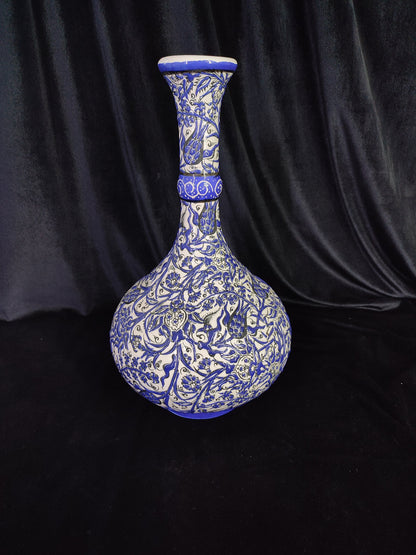Handmade Turkish Ceramic Vase – 12" Blue Floral Pottery Vase, Decorative Anatolian Vase, Collectible Hand-Painted Vase